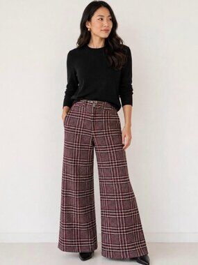 Anthropologie Maeve Navy & Red Plaid Wide Leg Pants NEW Size 0